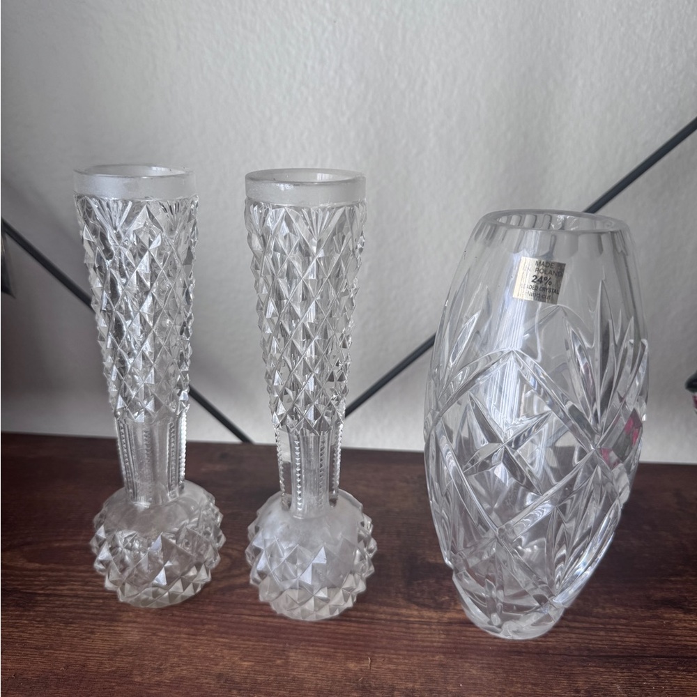 Clear Cut Crystal Bud Vases - Elegant Glass Home Accent Vintage